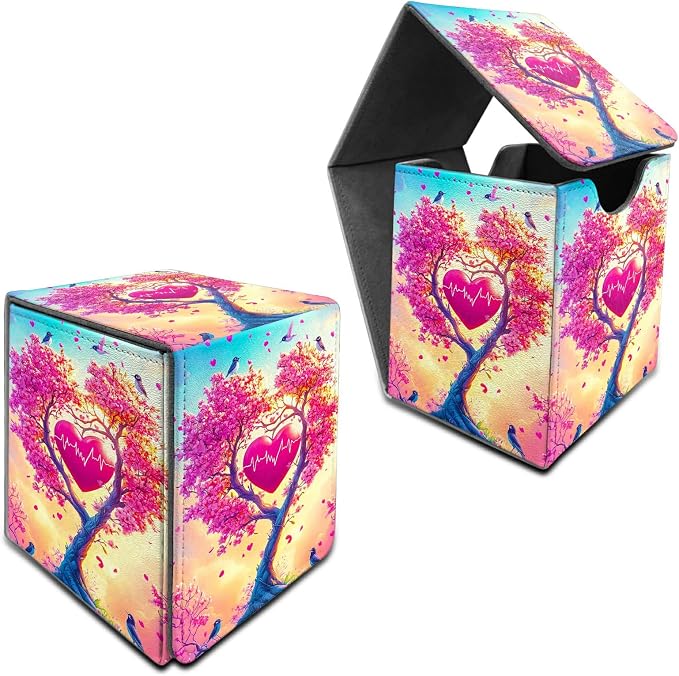 Deck Box for MTG, Cards Storage Box Fits 120+ Sleeved, Leather Medium Size Strong Magnetic Closing Card Case for Board Games Magic TCG CCG Baseball Collection, Pink Tree