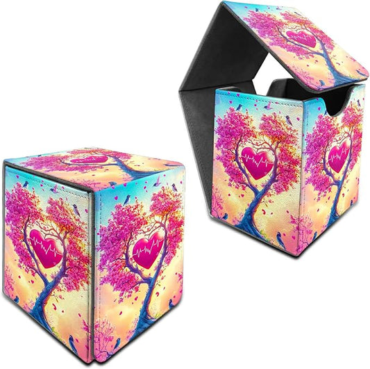 Deck Box for MTG, Cards Storage Box Fits 120+ Sleeved, Leather Medium Size Strong Magnetic Closing Card Case for Board Games Magic TCG CCG Baseball Collection, Pink Tree
