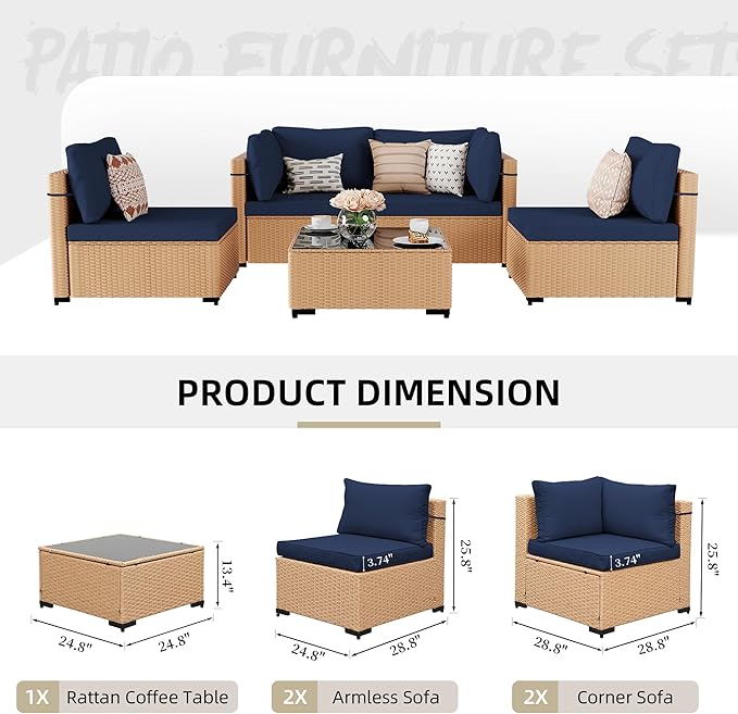 UPHA 5 Pieces Patio Furniture Sets, Wicker Outdoor Sectional Sofa Couch with Coffee Table, Patio Conversation Set for Deck Backyard Garden, Beige Rattan, Navy Blue Cushion