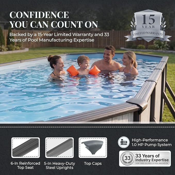 Blue Wave Sevilla 15x30-ft Oval 52-in Deep Hard Sided Steel Wall Above Ground Pool with 6-in Steel Top Seats, Dual-Speed Sand Filter System, Ladder, Skimmer & Liner – 9,900 Gallon Cap for Family Use