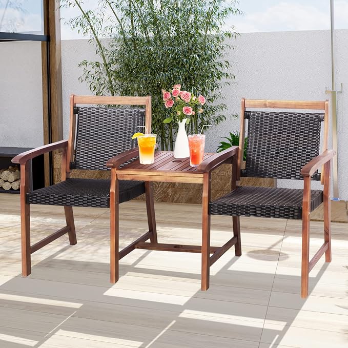 Tangkula Acacia Wood Garden Bench, Patiojoy Rattan Companion Loveseat Chair with Coffee Table and Parasol Hole, 2-Seater Outdoor Conversation Furniture Set for Backyard, Poolside, Balcony (Brown)