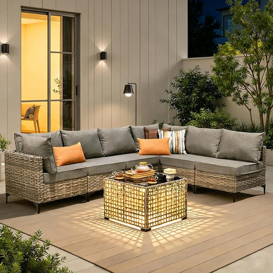 7 Pieces Patio Furniture Set with Solar Light Coffee Table, All-Weather Rattan Outdoor Sectional Conversation Sets L Shaped Sofas with Thick Cushions for Porch Balcony Backyard Dark Grey