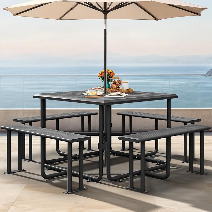 YITAHOME 37" Metal Picnic Table, Powder Coated Outdoor Picnic Table with Heavy-Duty Steel Frame, Adjustable Seats & Umbrella Hole for Yard, Patio, Lawn, Party, Black, Square