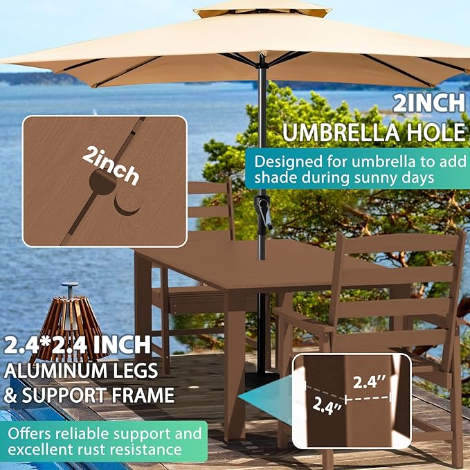 LOUNZY 9 Pieces Patio Dining Sets, Outdoor HDPE Furniture Set for 8 w/ 2" Hole Cut-Out Dining Table with 8 Armless Patio Chairs for Pool, Lawn and Garden,Brown