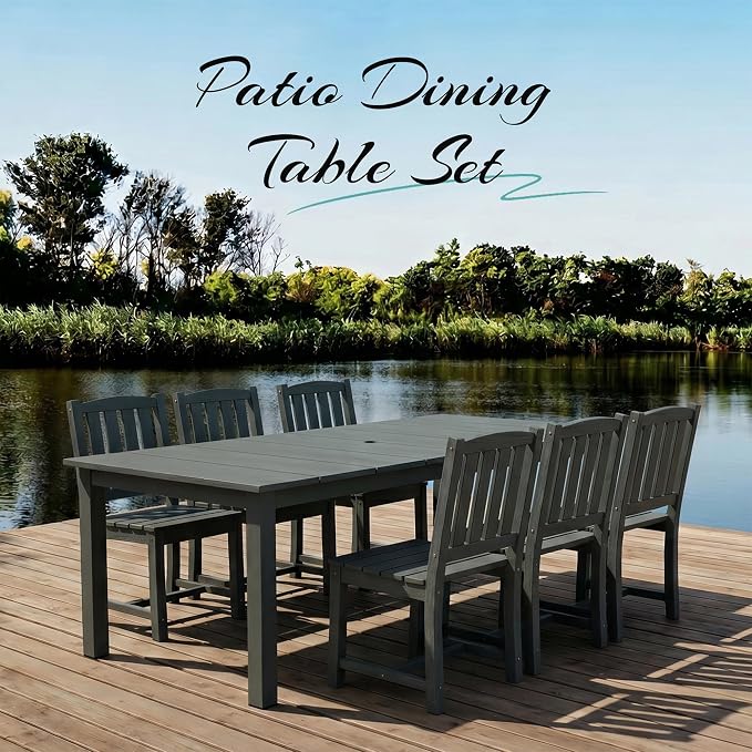 PLUUV 7-Piece Outdoor Dining Set – HDPE Patio Furniture with Umbrella Hole Table, Aluminum Legs, and 6 Armless Chairs, Weatherproof & Easy-Clean for Backyard, Garden, Grey
