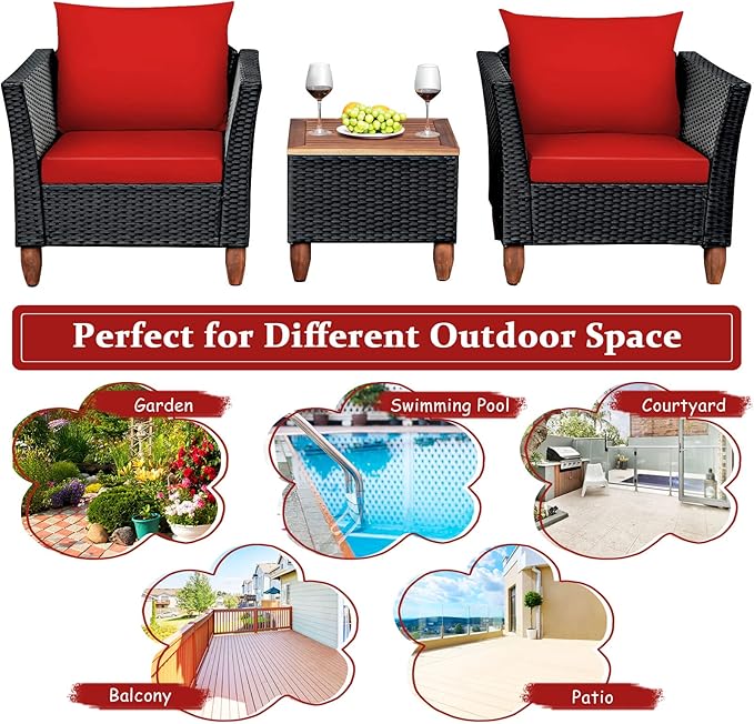 COSTWAY 3 Pieces Patio Rattan Furniture Set, Outdoor Wicker Conversation Chairs Set with Acacia Wood Coffee Table & Washable Cushion, Porch Furniture Bistro Set for Balcony, Garden, Backyard, Red