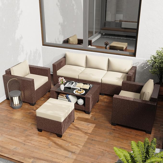 KIGOTY Patio Furniture Set 7 PCS Patio Conversation Sets, All-Weather PE Rattan Outdoor Sectional Sofa with Cushion and 2- Tier Glass Coffee Table（Brown/Beige）