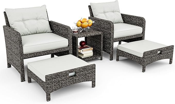 5 Piece Patio Furniture Set, All-Weather Patio Furniture with Soft Cushions, PE Wicker Patio Sofa Set with Coffee Table and Ottoman, for Outdoor, Porch, and Balcony (Light Grey-Grey)