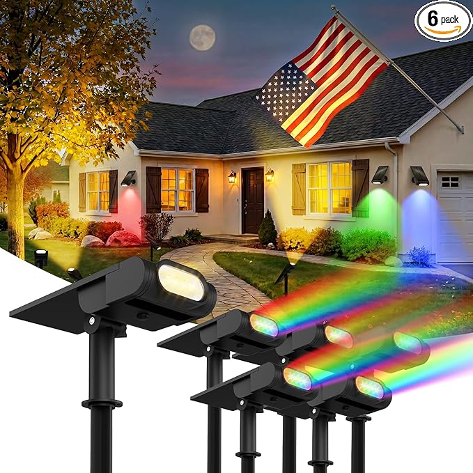 RGB Christmas Solar Spot Lights Outdoor, 12 RGB Color Modes Landscape Light Waterproof IP67 with Remote Control, 2-in-1 Color Changing RGB/Cool/Warm White for Yard Garden Garden (6 Pack)