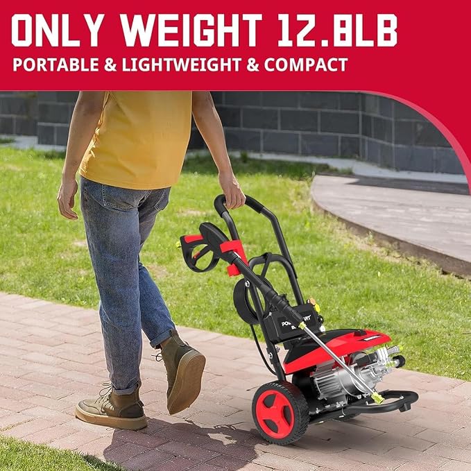 PowerSmart 3000 Max PSI Electric Pressure Washer with Induction Brushless Motor, 1.2 GPM High Pressure Cleaner, 5 Nozzles, 8” Wheels, Detergent Tank, for Car, Patio, Fence, Driveway Cleaning