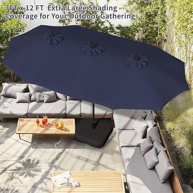 Shintenchi 13FT Large Patio Umbrella with Base Included, Outdoor Double-Sided Rectangular Shade with Crank Handle for Poolside Lawn, Deck & Garden, Dark Blue