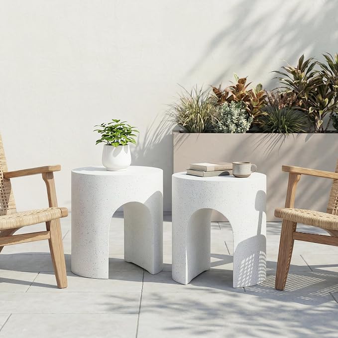 SUNBURY Outdoor Side Table, 16" W Concrete End Table w Arch Shape, Round Cement Accent Table Lightweight for Patio, Modern Decorative Garden Stool for Patio, Backyard, Spotted White