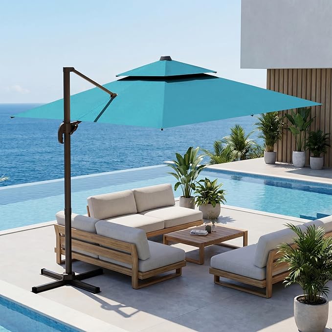10x10 FT Patio Cantilever Umbrella (Base Not Included) (Base Not Included), Rectangular Heavy Duty Offset Umbrella for 6-8 People, 360°Rotation & Mult Tilt, Double Top Design, for Pool Garden Deck (Turquoise)