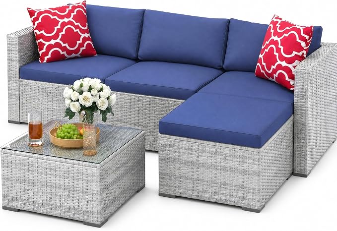 GAOMON 5 Piece Outdoor Patio Furniture Set, All-Weather PE Wicker Sectional Couch Set with Cushions and Ottomans, Outdoor Patio Conversation Set with Glass Table for Backyard, Porch, Balcony