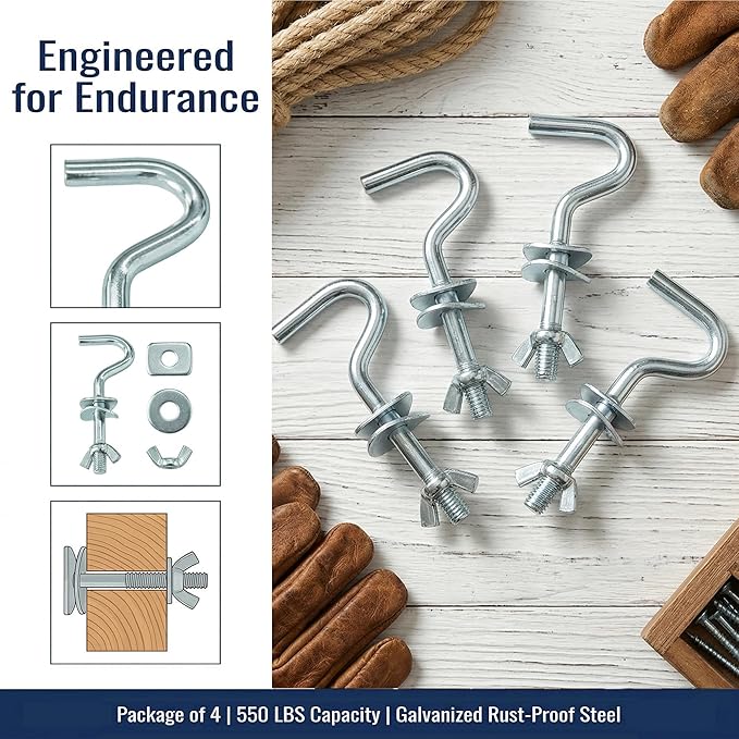 4 Pack Heavy Duty Hammock Hooks, Galvanized Metal Replacement Hardware for Hammock Stand, Fits 1-1/4 to 2 Inch Poles, 3/8 Inch Diameter S-Hooks for Indoor Outdoor Patio Swing & Chair （Silver）