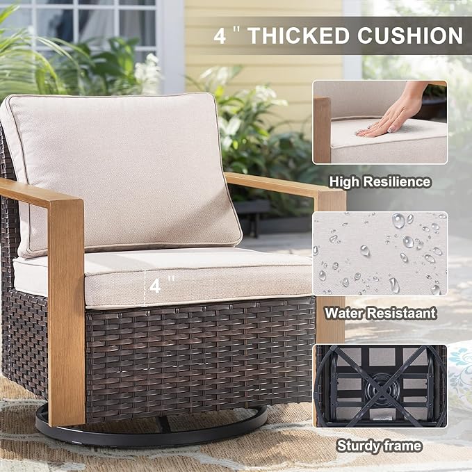 Belord Modern Outdoor Patio Furniture 7 - Person Outdoor Swivel Glider Seating Group, Backyard Wicker Furniture Set with Aluminum Armrests, Brown Wicker Beige Cushion