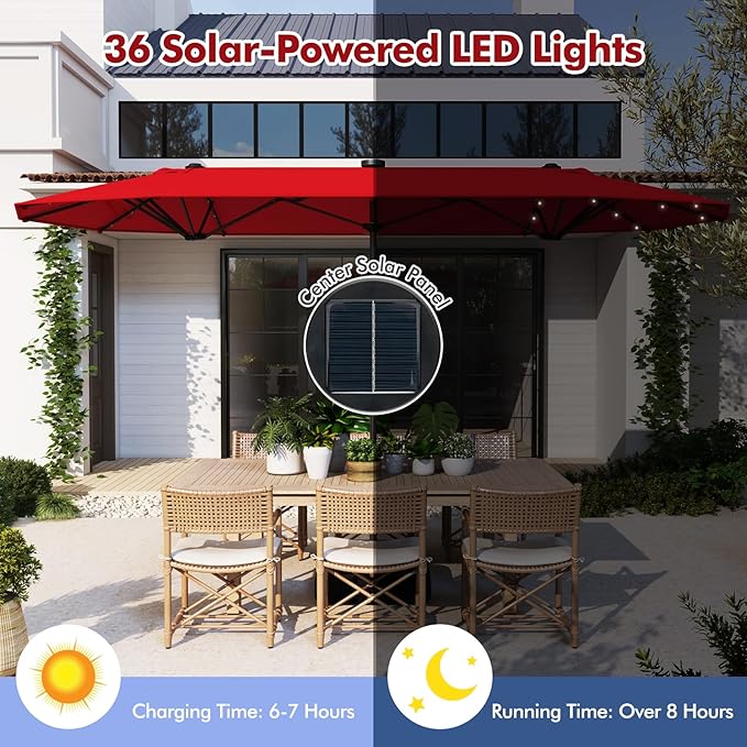 HAPPYGRILL Double-Sided Patio Umbrella with Solar Lights, 13FT Large Umbrella with Base Included, Crank Handle, Market Twin Table Umbrella for Outdoor Backyard Garden Poolside
