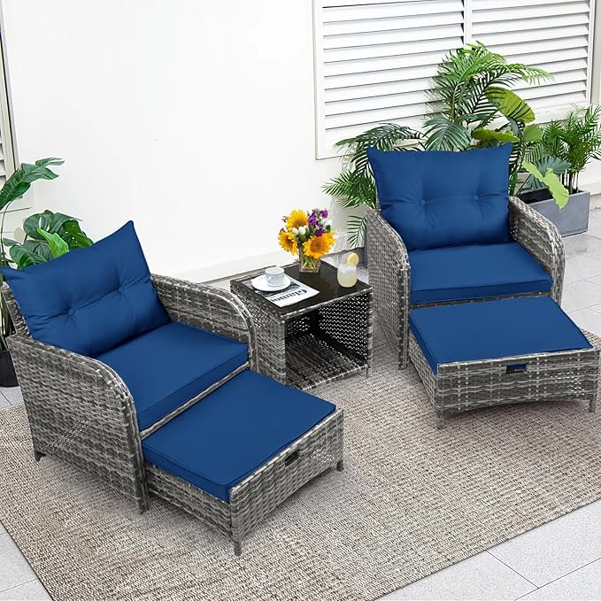 5 Pcs Outdoor Patio Chair with Ottomans, PE Wicker Rattan Patio Conversation Furniture Set, Space Saving Design Outdoor Chairs with Ottomans Set for Balcony Poolside Front Porch Deck, Blue