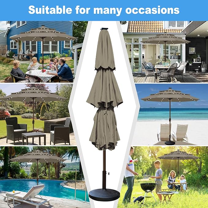 Eurmax USA 10-Year-Non-Fading 10FT 3-Tier Outdoor Patio Market Umbrella with LED Lights,UPF50+ UV Resistant,Commercial Grade,Crank Lift Design,Windproof Vented Top for Garden,Pool,Deck,Taupe