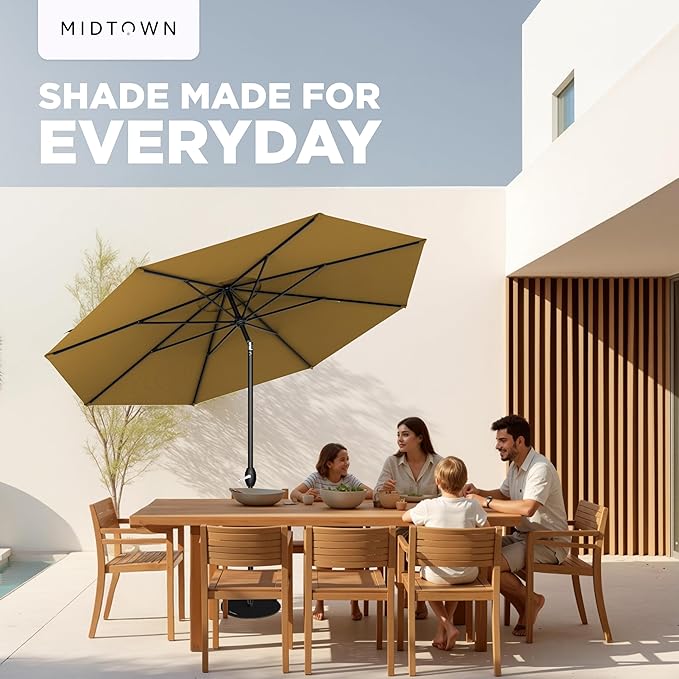 Midtown Umbrellas - 10-Year-No-Fade 10 Ft Patio Umbrella with Terylast Fabric, Auto-Tilt Aluminum Frame and 8 Reinforced Ribs for Deck, Pool, Garden & Beach - Sand Tan Canopy, Black Pole