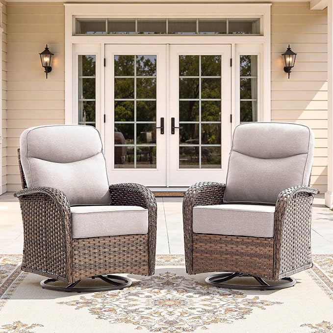 2-Piece Luxury Patio Conversation Set with 6-Inch Thick Cushions, High-Back Outdoor Swivel Rocking Chairs & Side Table, All-Weather Furniture Set for Porch, Deck, Balcony or Backyard – Beige