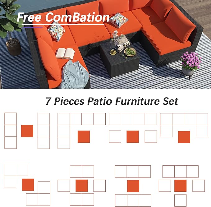7 Piece Outdoor Patio Furniture Sets, Orange Patio Sectional Furniture All-Weather PE Rattan Sectional Sofa, Outdoor Wicker Conversatin Set w Glass Coffee Table for Backyard, Garden, Porch