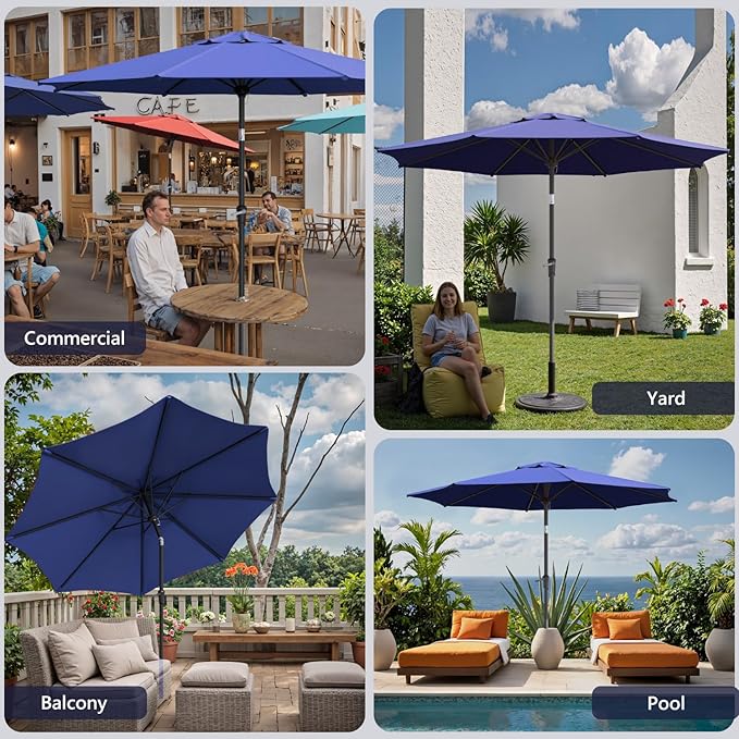 Outdoor Patio Umbrella with One Push Button Tilt and Crank, 8 Sturdy Ribs Market Table Umbrella