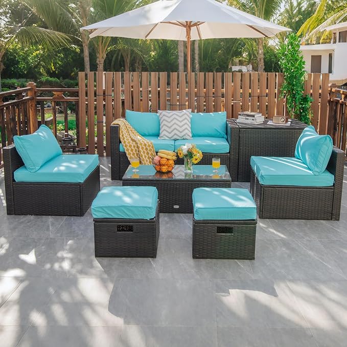 COSTWAY 8-Piece Outdoor Patio Furniture Set, Rattan Sectional Sofa, Armless Chairs, Side Table with Storage Ottoman & Glass Coffee Table, Space-Saving Conversation Set for Garden Deck (Turquoise)