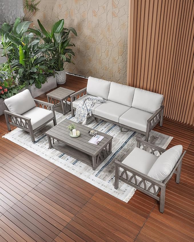 5-Piece Patio Furniture Set, Aluminum Outdoor Sectional Couch Set, Patio Conversation Set with Thick Cushions, Weather-Resistant Outdoor Furniture Set for Porch, Deck, Pool, Limed Oak