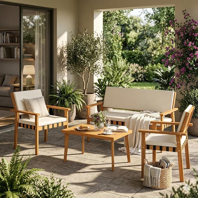 Tangkula Acacia Wood Patio Furniture Set, 4 Piece Thick Cushioned Outdoor Conversation Set with 800lbs Capacity Loveseat, 2 Armchairs and Coffee Table, for Backyard, Garden, Deck