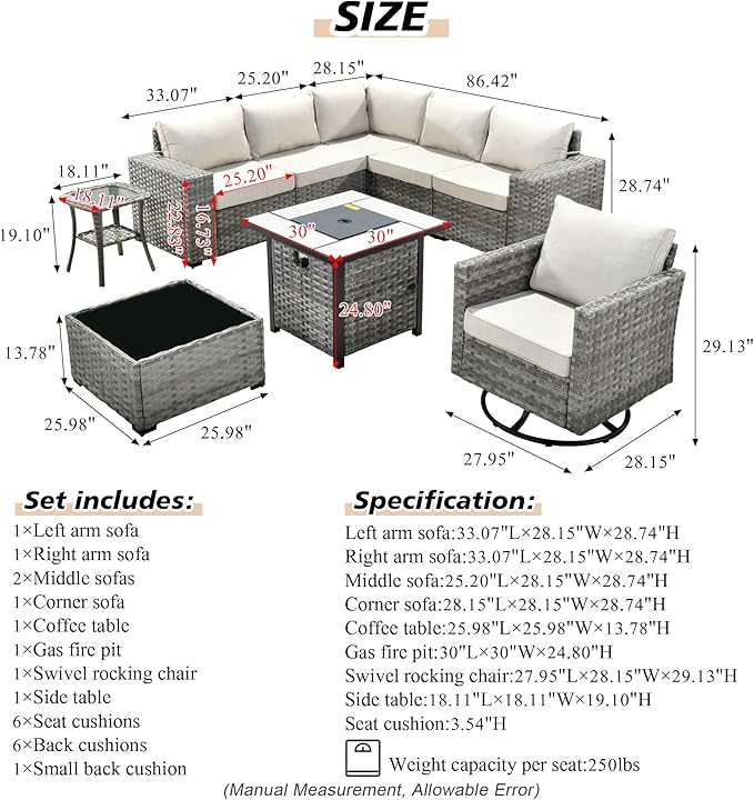 HOOOWOOO Outdoor Patio Sectional Furniture Sofa Set with Propane Gas Fire Pit Table,9 Piece Modern Wicker Couch with Swivel Chair,Modular L Shaped Conversation Seating Set with Wide Arm(Beige Tan)