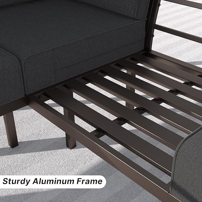 Gotland Aluminum Patio Furniture Set with Rectangular Coffee Table, Metal Patio Furniture with 5 Seats Waterproof 5.1'' Seat Cushions, Outdoor Sectional Patio Conversation Sets for Balcony Black
