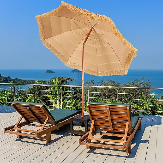 Tangkula 6.5Ft Tiki Patio Umbrella, Hawaiian Style Outdoor PE Grass Umbrella with Tilt Adjustment, 8 Ribs, Portable Thatched Beach Umbrella for Garden, Yard, Poolside