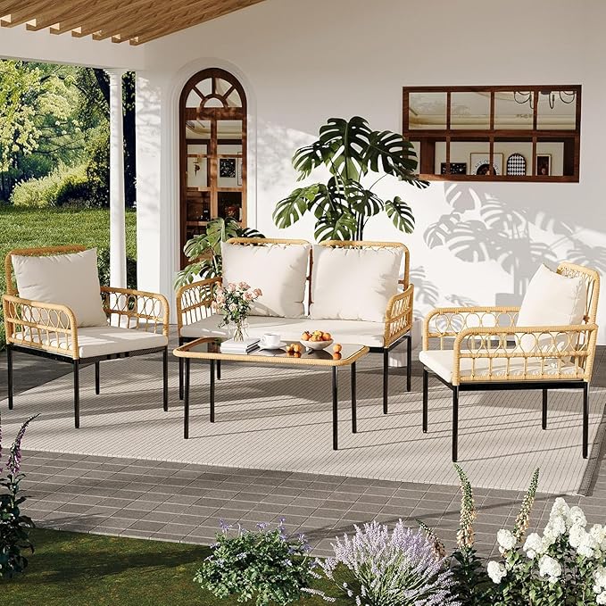 4-Piece Outdoor Wicker Patio Living Room Set – Stylish Rattan Balcony Furniture with Chaise Lounge, 2 Cushioned Armchairs, and Elegant Glass Coffee Table–Perfect for Porch or Deck Lounging