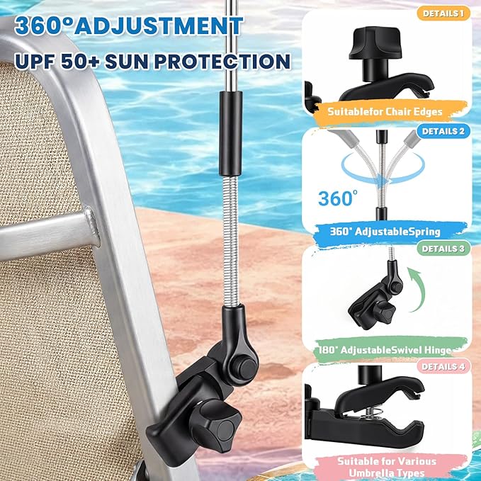 Aliceset 2 Pack Beach Chair Umbrella, 360° Adjustable Tiki Straw Clip on Umbrella, UV Protection, 52 Inch, 180° Swivel Hinge, 8 Ribs Sun Shade for Tropical Patio Camping Pool Fishing Sand Rv Travel