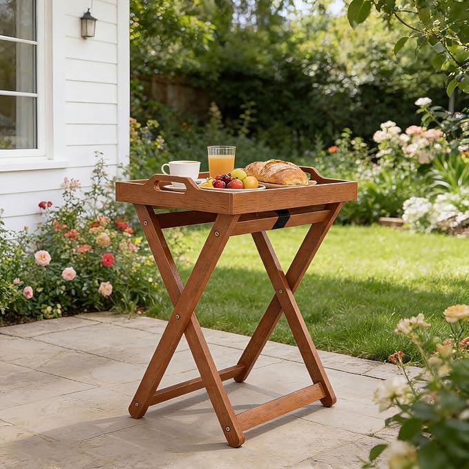 HAPPYGRILL Outdoor Wood Tray Table Folding Side Table with Removable Serving Tray, Portable Patio End Table for Porch, Garden, Backyard, Poolside (1)