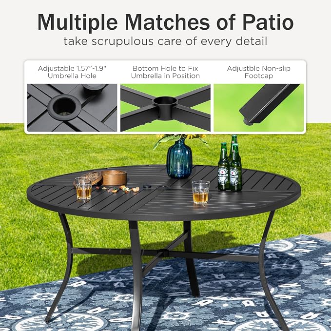 PHI VILLA Outdoor Dining Set for 4, Round Patio Table & Swivel Chairs | Padded Textilene, High back & Ergonomic, Metal table, Umbrella hole, Weather resistant, Heavy-duty, Patio backyard deck