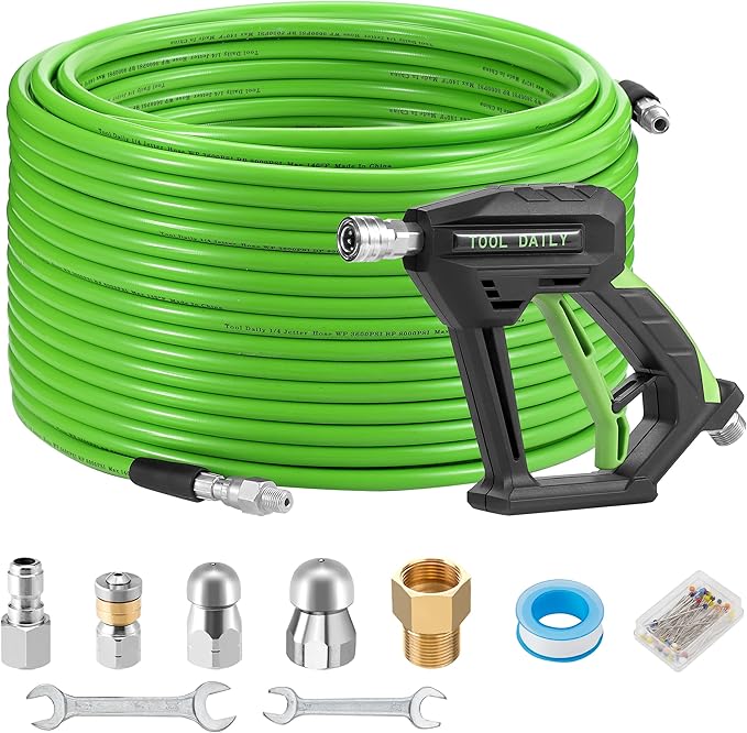 Tool Daily Sewer Jetter Kit for Pressure Washer 200 FT, Pressure Washer Foot Valve for Sewer Jetter Kit