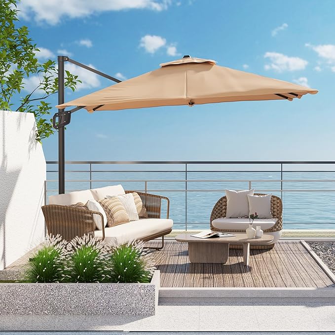 10x10 ft Double Roof Square Cantilever Patio Umbrella with Solar LED Lights & Cross Base – 360° Rotation, Heavy-Duty Sun Shade with Easy Tilt for Backyard, Poolside, and Garden Use, Navy Blue