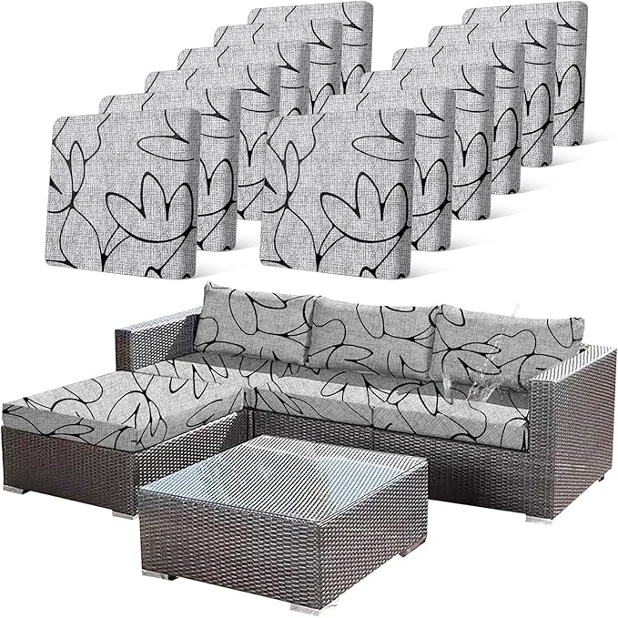 CALBODE 12PCS Waterproof Patio Sofa Covers with Elastic Floral Printed Stretch Outdoor Cushion Seat Covers Set of 12 Wicker Chair Washable Replacement(Grey,Cushions Not Included)