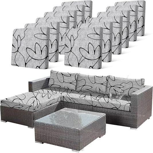 CALBODE 12PCS Waterproof Patio Sofa Covers with Elastic Floral Printed Stretch Outdoor Cushion Seat Covers Set of 12 Wicker Chair Washable Replacement(Grey,Cushions Not Included)