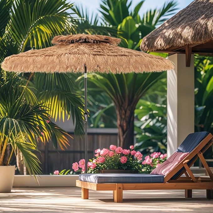 HAPPYGRILL 7.2FT Hula Thatched Tiki Umbrella w/Tilt, Hawaiian Style Beach Umbrella Patio Table Market Umbrella, Sun-Protective Portable Tropical Palapa for Outdoor Tiki Bar Garden Beach Pool Backyard (8.8 FT)