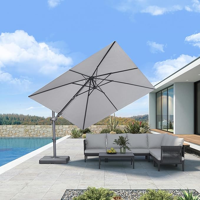 PURPLE LEAF 10' X 10' Left-right Tilting Outdoor Patio Umbrella Swivel Offset Cantilever Heavy Duty Rectangle Aluminum Umbrella with UV Resistant for Deck Pool Patio Backyard, Pebble Grey