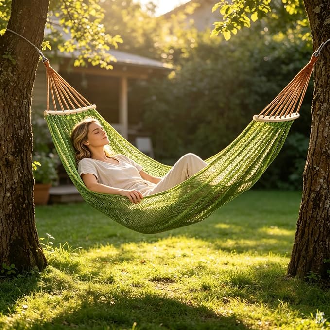 Wooden Bar Portable Camping Hammock, Cool Ice Silk Mesh Hammocks with Tree Straps Carry Bag, Single Hanging Sturdy Hammock for Travel Patio Garden. Up to 550lbs. Dark Green