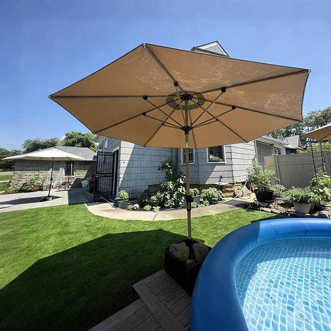 PURPLE LEAF 9 Feet Patio Umbrella Outdoor Table Umbrella Aluminum Round Market Umbrella with Push Button Tilt & 8 Sturdy Ribs and Crank Commercial Sun Umbrella for Garden Patio Balcony, Taupe
