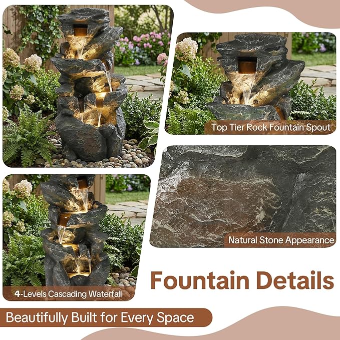HOMEDIARY 4-Tier Cascading Rock Water Fountain, 39.2" Tall Outdoor Waterfall Fountain with LED Lights, Stone Texture Large Floor-Standing Resin Water Feature for Garden, Patio, Deck, Porch & Indoor