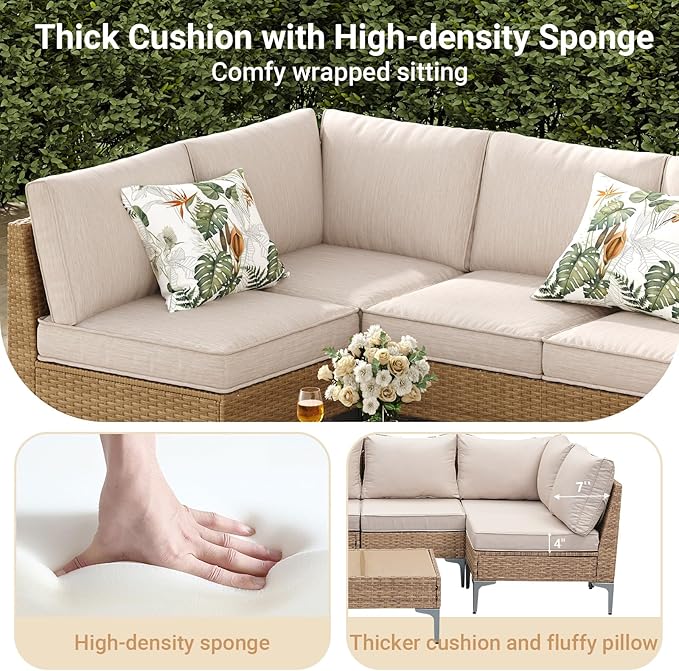 Jing's Villa 7-Piece Outdoor Patio Furniture Set,Ratten Conversation Sectional Sofa w/Coffee Table, All-Weather Patio Conversation Set with Thick and Anti-Slip Cushions for Backyard,Deck,Beige
