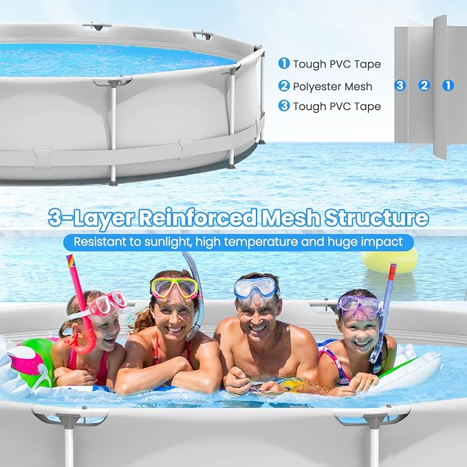 Goplus Above Ground Swimming Pool, 12ft x 12ft x 30inch Outdoor Steel Frame Pool W/Pool Cover, Reinforced Steel Frame, Round Swimming Pool for Backyard, Garden, Patio, Balcony (Gray)