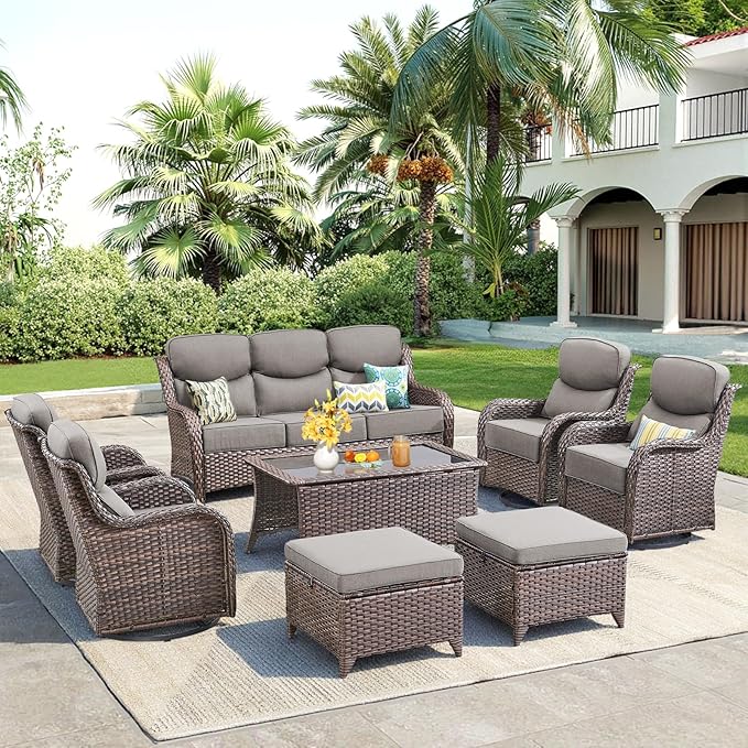 Luxury 8 Pieces Outdoor Patio Furniture Set-All Weather Wicker Swivel Rocker Patio Chairs with 6" Thick Cushion Rattan Sofa Coffee Table, Outdoor Conversation for Garden Porch Backyard(Brown/Grey)