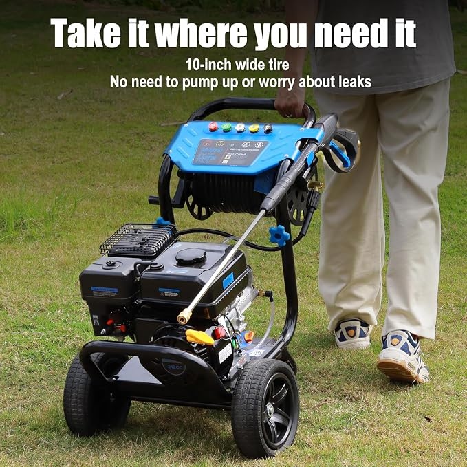 Gas Pressure Washer 3600 PSI with Hose Reel, 2.3 GPM Heavy Duty High Power Washer, 212CC Engine with 30FT Hose, Axial Aluminum Pump, Soap Tank, 5 Quick Connect Nozzle, 3.6L Gas Tank (Navy Blue)